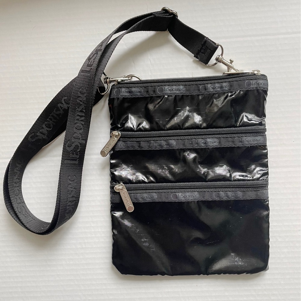 LeSportsac 3-Zip Crossbody Bag Enamel Black Logo Strap